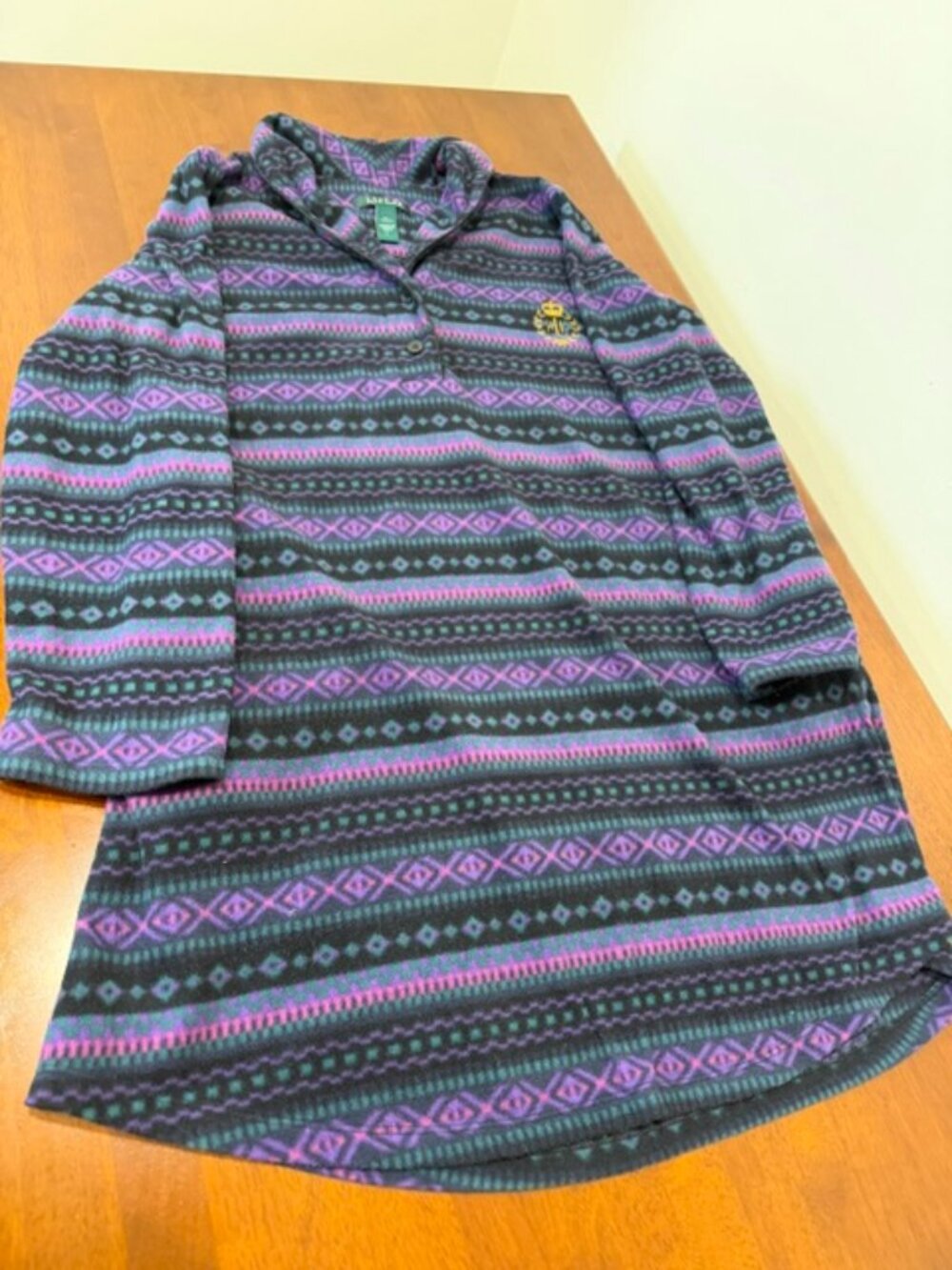 Ralph Lauren Purple Black Fleece Sleepshirt Tunic Nightgown Pockets.